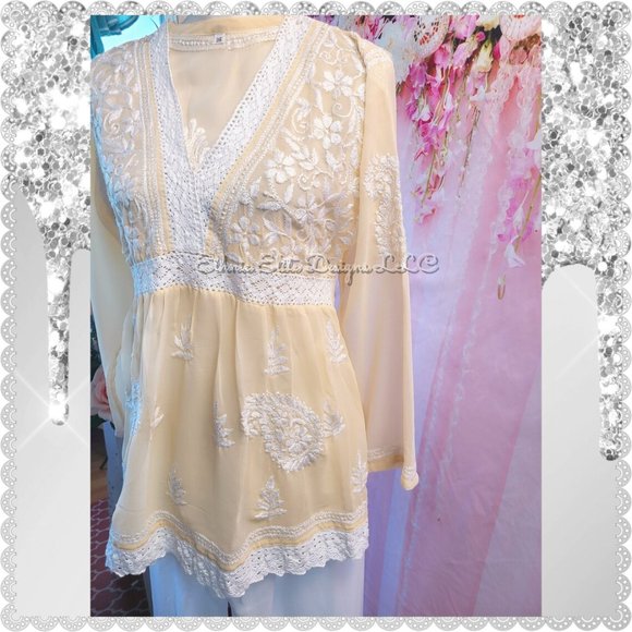 New Boutique Handmade Chikankari Georgette Short Kurti With Sharara Pant - Picture 10 of 11